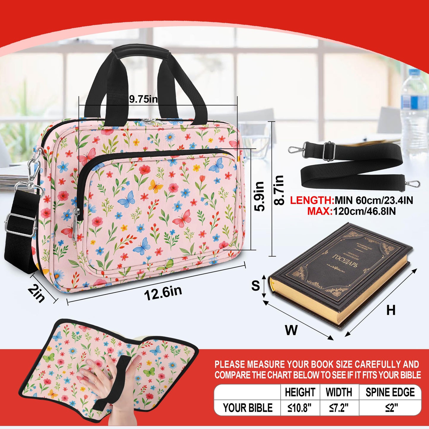 Cute Flower Large Bible Cover Case for Women Girls Organizer, Church Bag Book Carrying Case with Highlighters Shoulder Strap Pens Cross Clip Study Supplies Journaling Kit, Christian Gifts Pink
