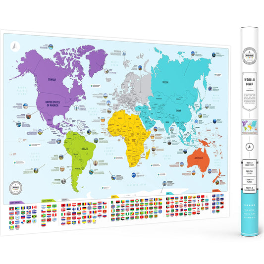 Large World Map for Wall - Poster with Flags & Capitals - Educational World Map for Kids & Adults - Colorful Global Maps with 50 Interesting Facts - Classroom & Homeschool Decor