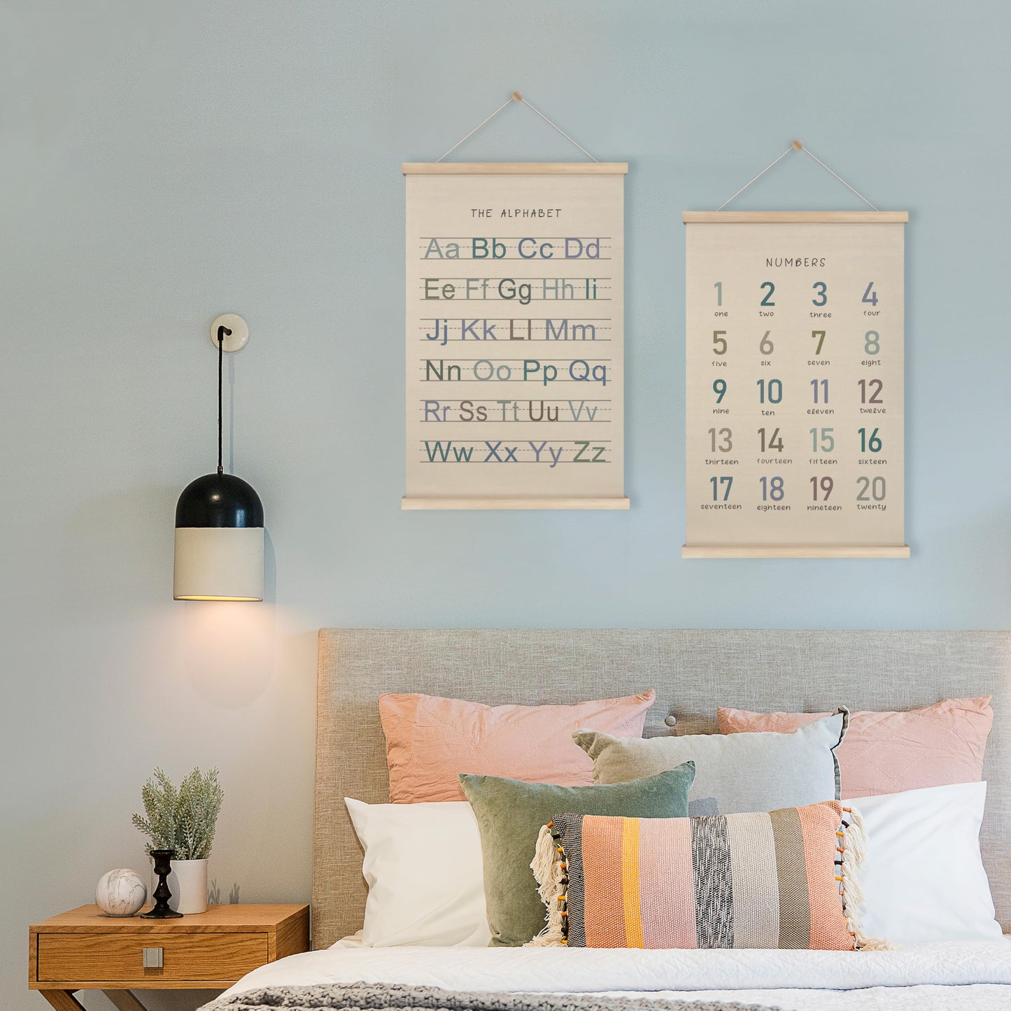 HRQKO Alphabet Numbers Poster Hanger Frame Set of 2, Nursery Wall Decor, Boho ABC Poster Wall Art with Wooden Frames, Alphabet Banner Wall Hanging Decor for Boy Toddler Room Playroom, 16x24 inch
