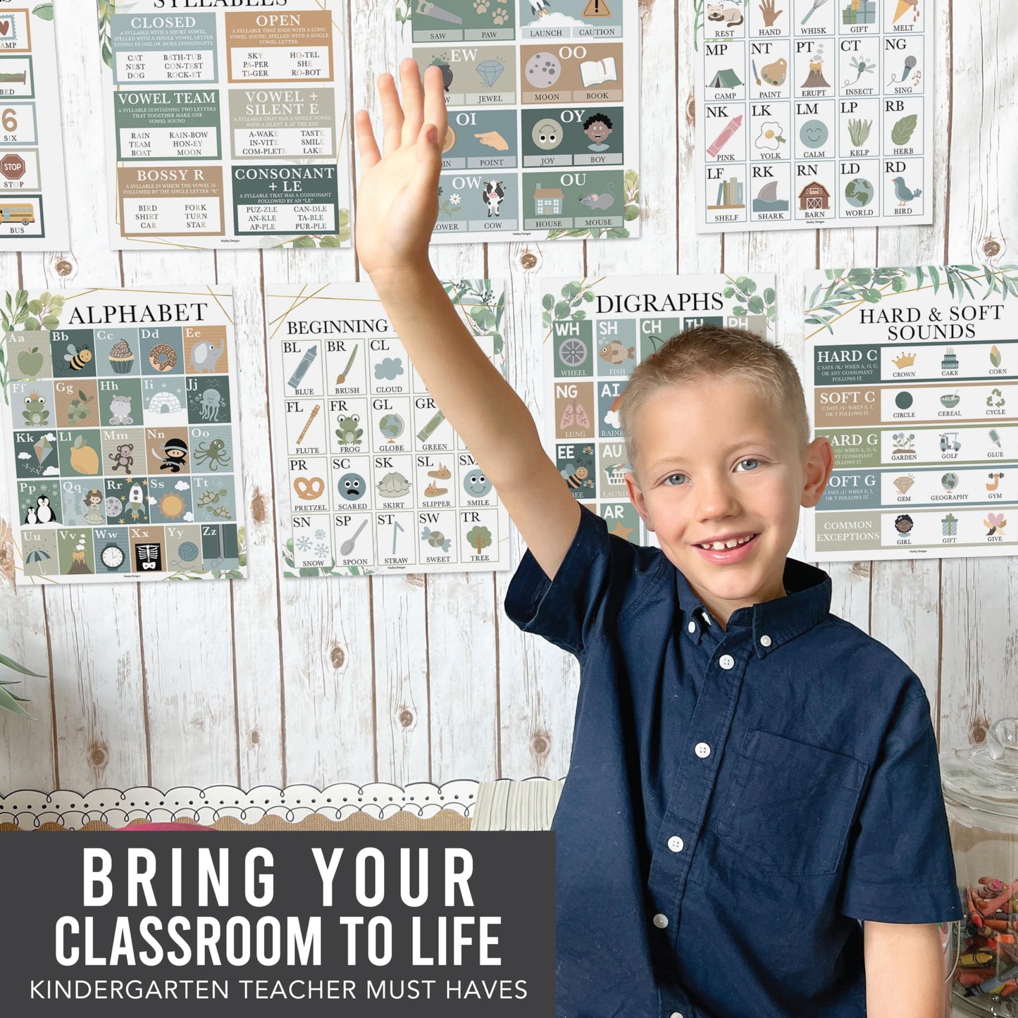 Hadley Designs Phonics Posters for Classroom Must Haves - 9 Sound Wall for Kindergarten & Elementary Teacher Supplies, Syllable, Vowels, Digraphs & Blends Bulletin Board Set, Greenery Classrom Decor