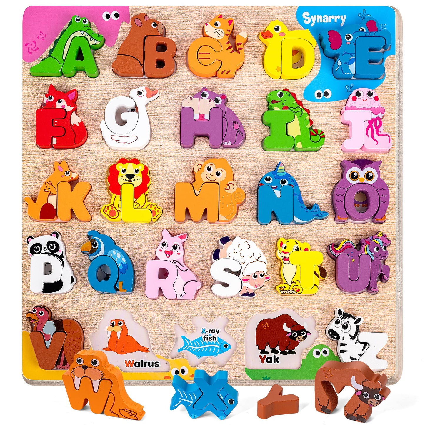 SYNARRY Wooden Alphabet Puzzle, 52 Pieces ABC Puzzles for Kids Ages 3-5, Alphabet ABC Letter Blocks Puzzles for Toddlers 3-5, Animals Letter Matching Preschool Learning Toys, Easter Gifts for Kids