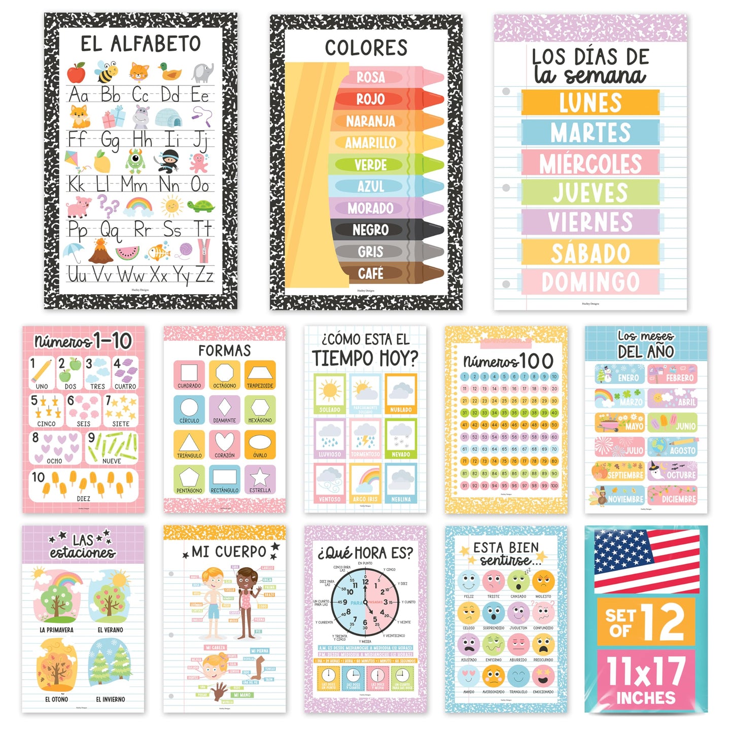 Hadley Designs Spanish Posters for Classroom - 12 Bilingual Educational Posters for Spanish Classroom Decorations Must Haves, Calendario y Alfabeto en Español Para la Pared, Pastel Teacher Supplies