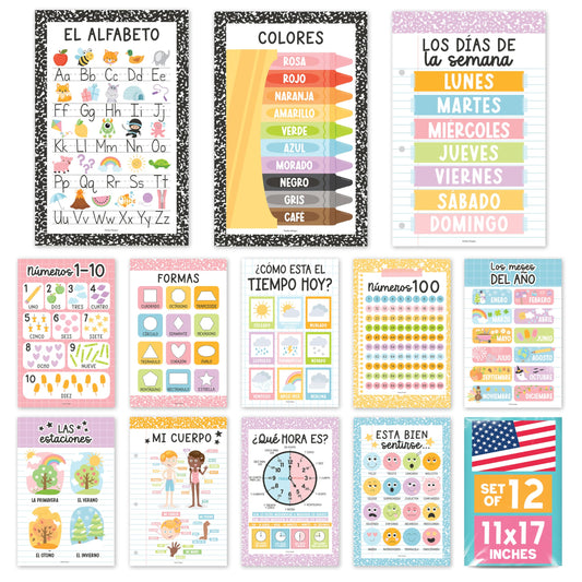 Hadley Designs Spanish Posters for Classroom - 12 Bilingual Educational Posters for Spanish Classroom Decorations Must Haves, Calendario y Alfabeto en Español Para la Pared, Pastel Teacher Supplies