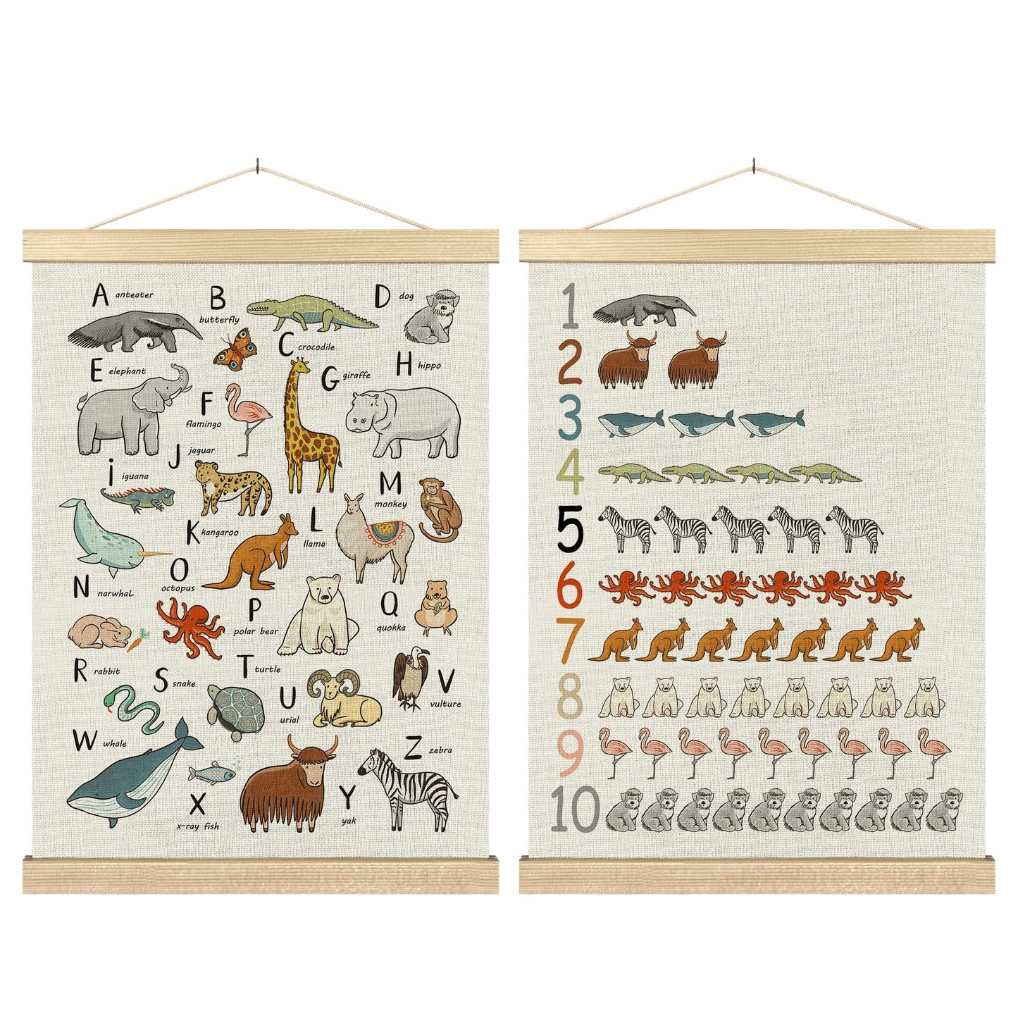 BCUANGD Alphabet Educational Wall Decor - Neutral Ocean Coastal Animals Poster Hanger with Wood Frames Set of 2, Kids ABC Numbers Wall Hanging Canvas Decor for Home Playroom Kids Room, 12x16 Inches