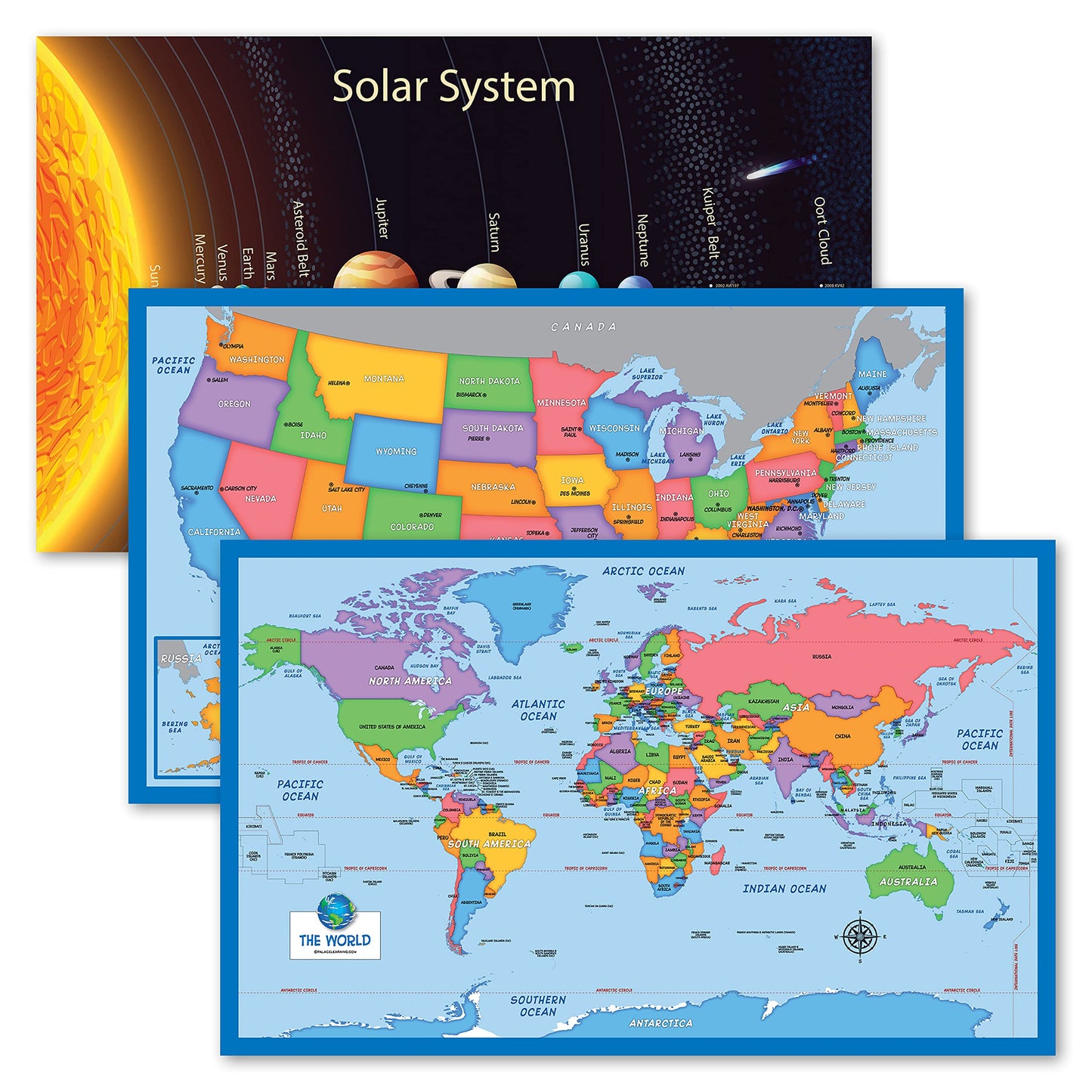 3 Pack - Solar System Poster for Kids [Long] + Simplified USA & World Map Set [Blank] (LAMINATED, 18" x 29")