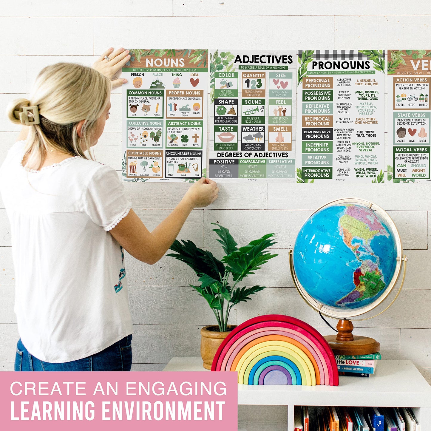 Parts of Speech Posters for Classroom Must Haves - 12 Grammar Posters, Writing Process for Homeschool, Elementary & Middle School, ELA 3rd 4th & 5th Grade Teacher Must Haves, Farmhouse Classroom Decor