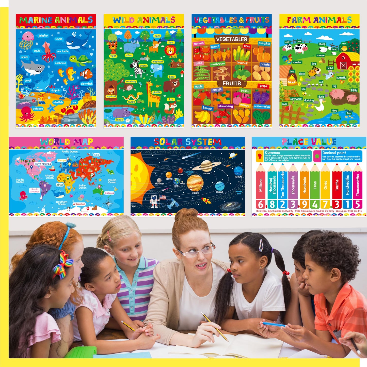 28 Educational Posters for Kids, All-in-One Set Learning Posters-Alphabet, Animals, Multiplication Chart, USA, World Map, Shapes, PET Film Coated School Supplies For Kindergarten, Preschool, Classroom