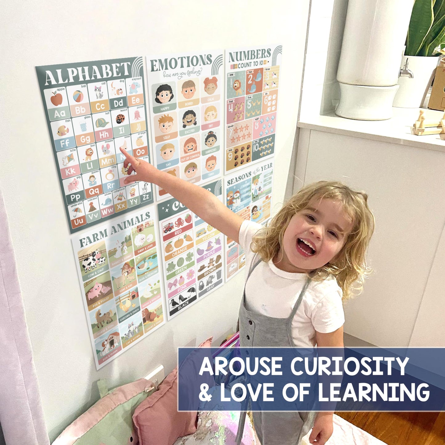 Educational Posters for Preschoolers - Laminated Pre-K and Kindergarten Learning Poster Charts for Toddlers 1-3-5 - Homeschool and Classroom Decor for Kids' Walls (18 Modern Boho Educational Posters)