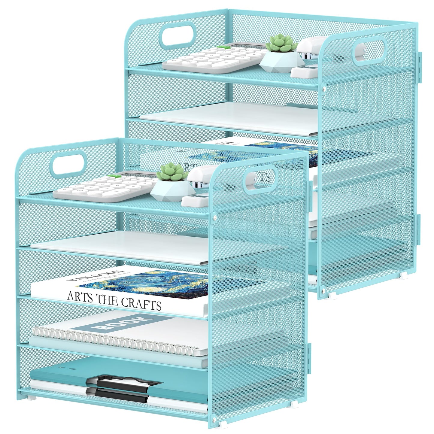 2 Pack 5-Tier Blue Desk Organizer with Handle Mesh Desk File/Paper Organizer Letter Tray for Office, School and Home Easy Installation