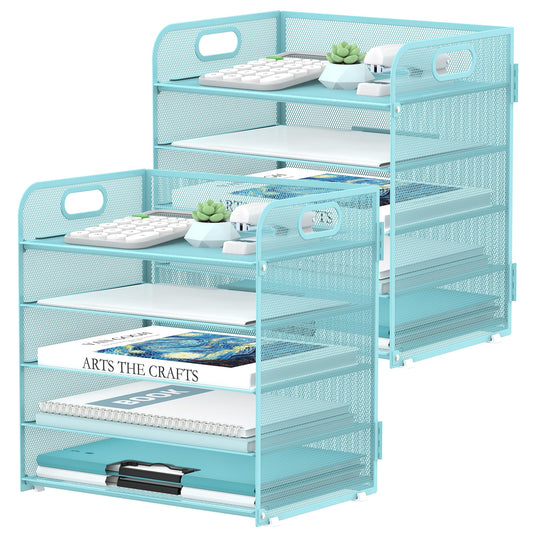 2 Pack 5-Tier Blue Desk Organizer with Handle Mesh Desk File/Paper Organizer Letter Tray for Office, School and Home Easy Installation