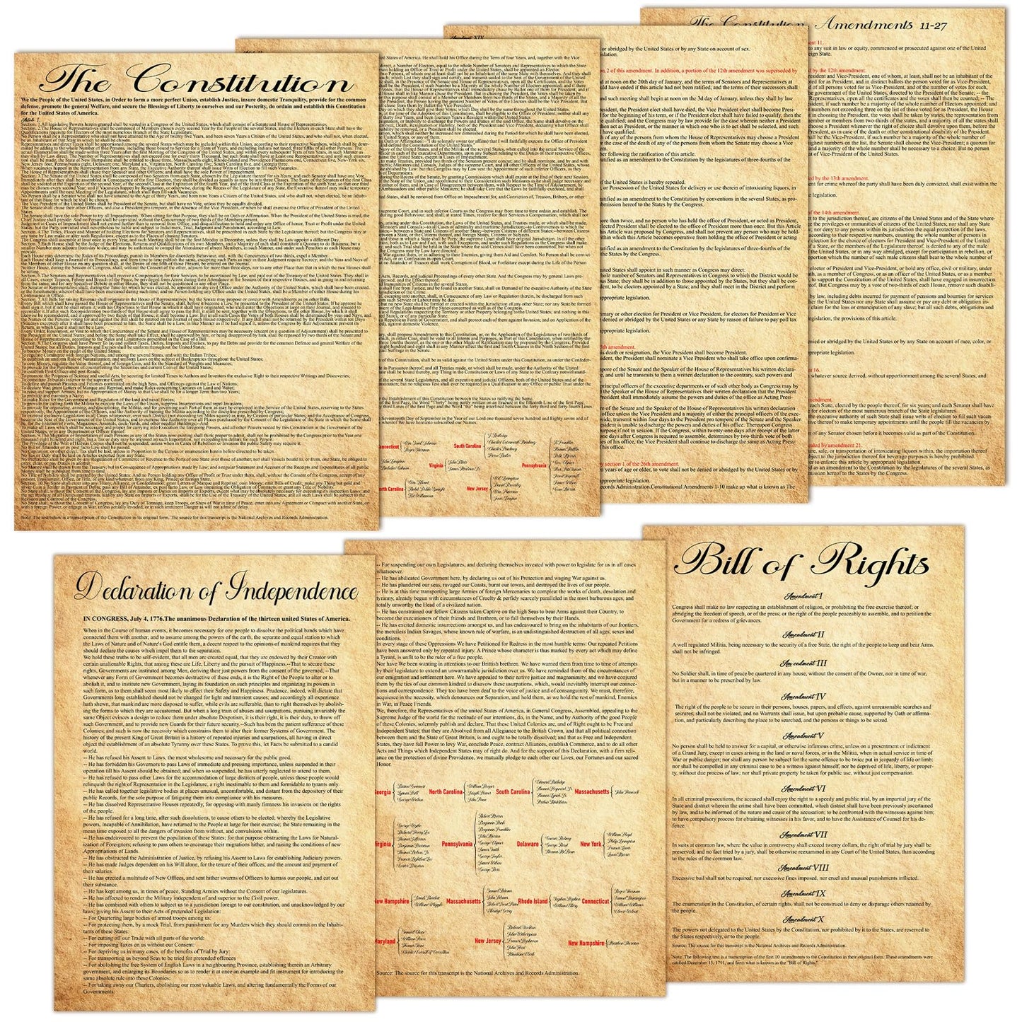 7Pcs American Founding Documents Poster US Constitution with All Amendments, Declaration of Independence and Bill Of Rights Posters Vintage US History Wall Prints for Classroom School Home Office