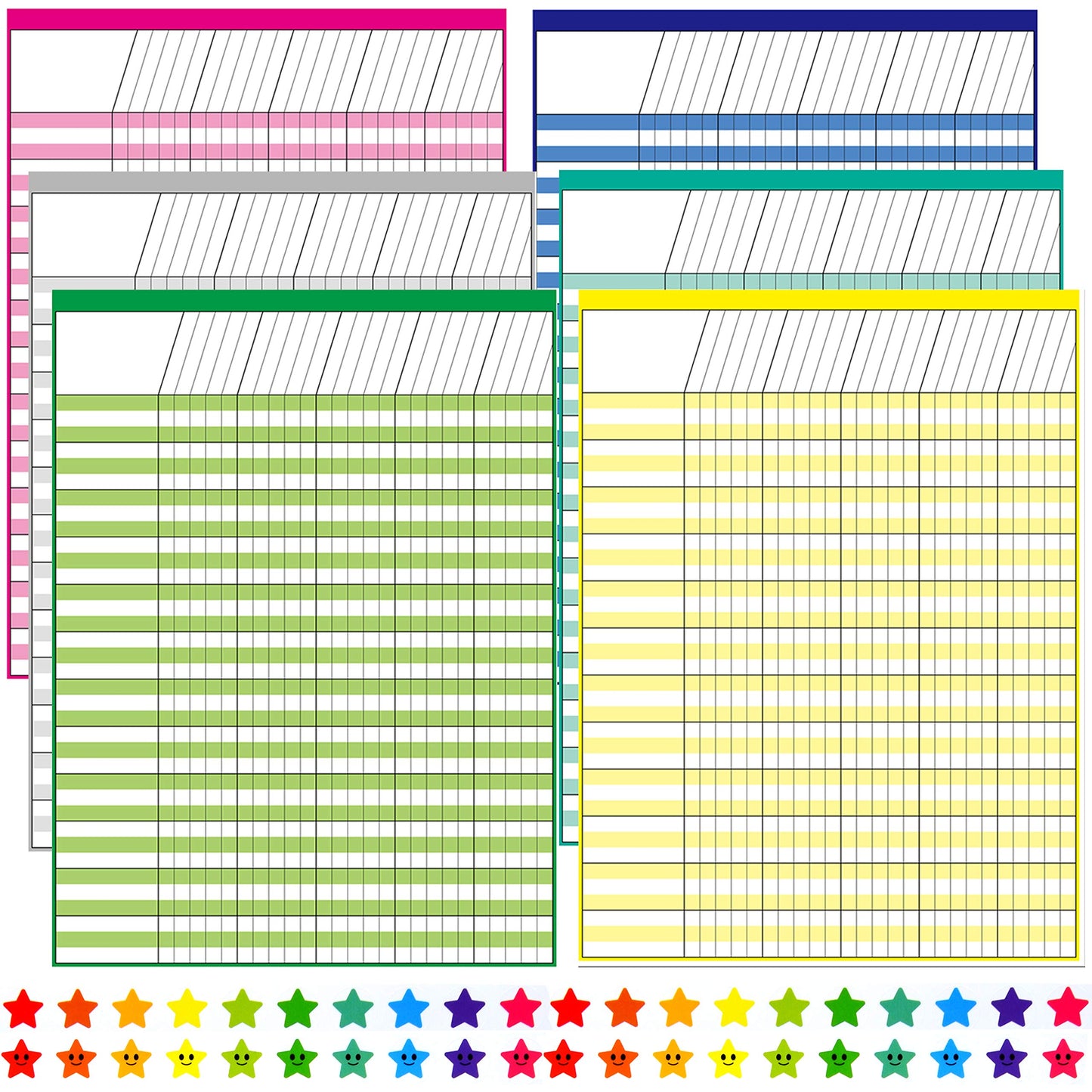 Youngever 6 Pack Multi-Color Laminated Dry Erase Incentive Chart with 120 Reward Star Stickers for Chore Responsibility, School Attendance, Homework Progress Tracking Chart (17 Inch x 22 Inch)