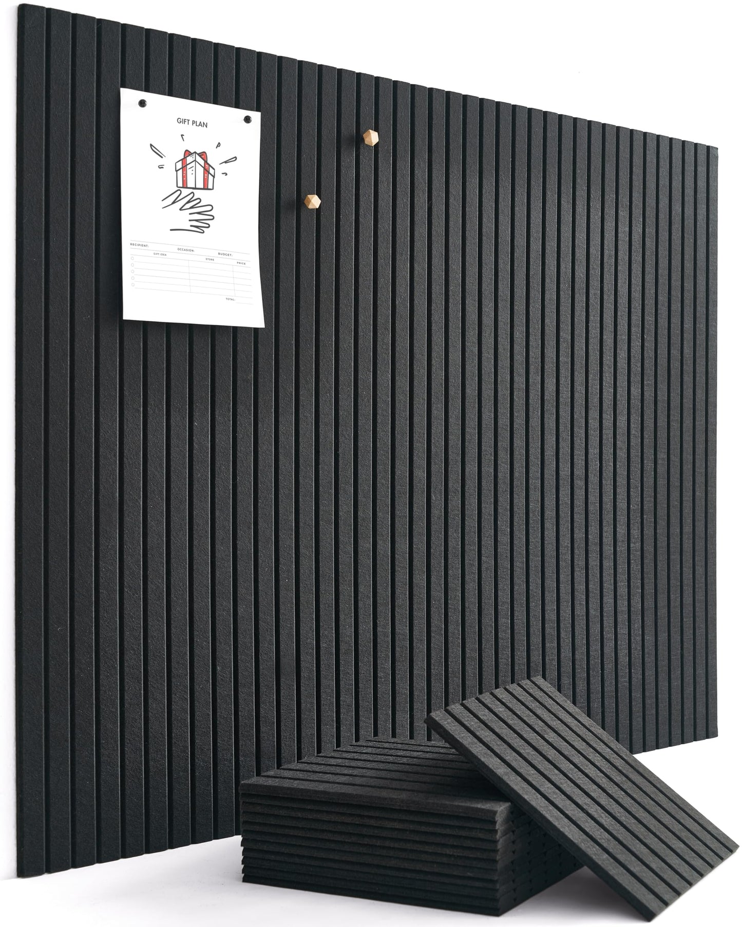 VIVELDA Felt Bulletin Board Tiles 48"x36" - 12-Pack Cork Board Alternative, Oeko-TEX Certified, NRC 0.95 Acoustic Wall Panels, Damage-Free Adhesive, Slatted Design, Home Office & Classroom (Black)