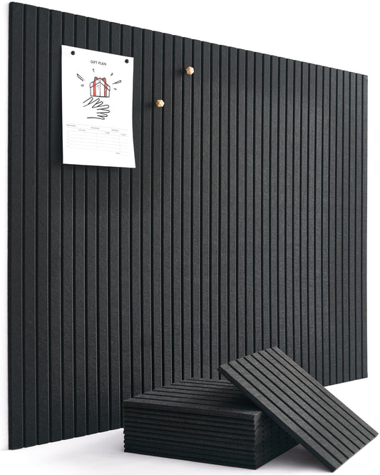 VIVELDA Felt Bulletin Board Tiles 48"x36" - 12-Pack Cork Board Alternative, Oeko-TEX Certified, NRC 0.95 Acoustic Wall Panels, Damage-Free Adhesive, Slatted Design, Home Office & Classroom (Black)