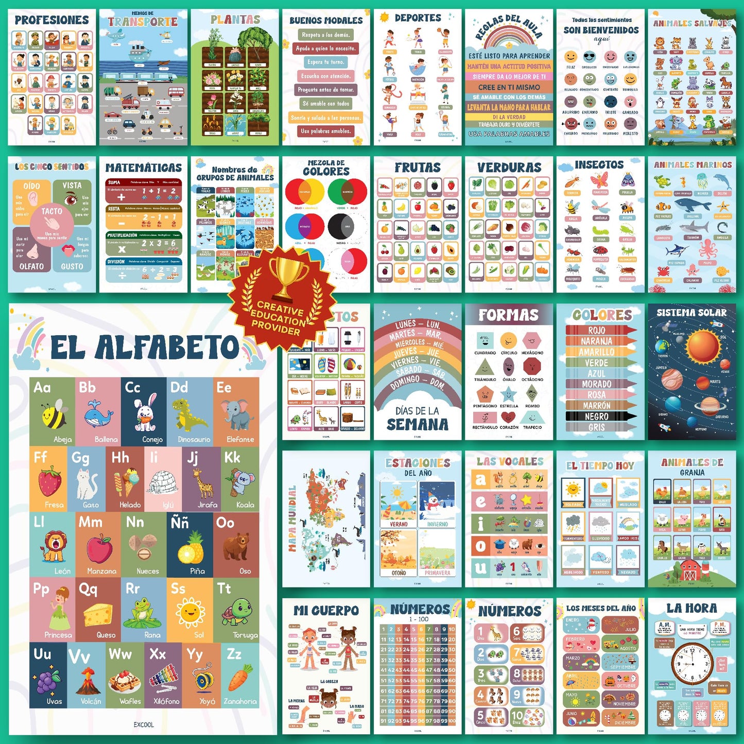 EXCOOL CLUB 32 Spanish Classroom Posters For Elementary - Colorful Bilingual Educational Posters For Toddlers 1-3, Laminated Learning Poster Preschool Must Haves, Abecedario Para Niños En Español