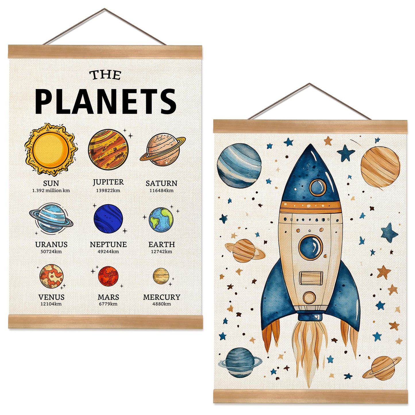 Solar System Poster Wall Art Set of 2, The Planets Wall Decor Wood Hanger, Space Classroom Decor, Outer Space Planets Poster for Boys and Girls Nursery, Bedroom, Playroom, Toddler and Kids Room Decoration12x16Inch(Solar system)