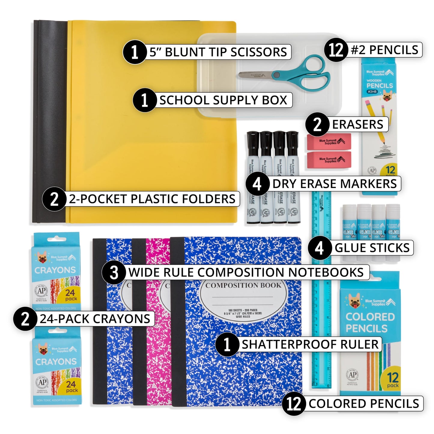 Blue Summit Elementary School Supplies Kit, 2nd Grade School Supplies Set, for Elementary Supply, Bulk 44 Piece Box