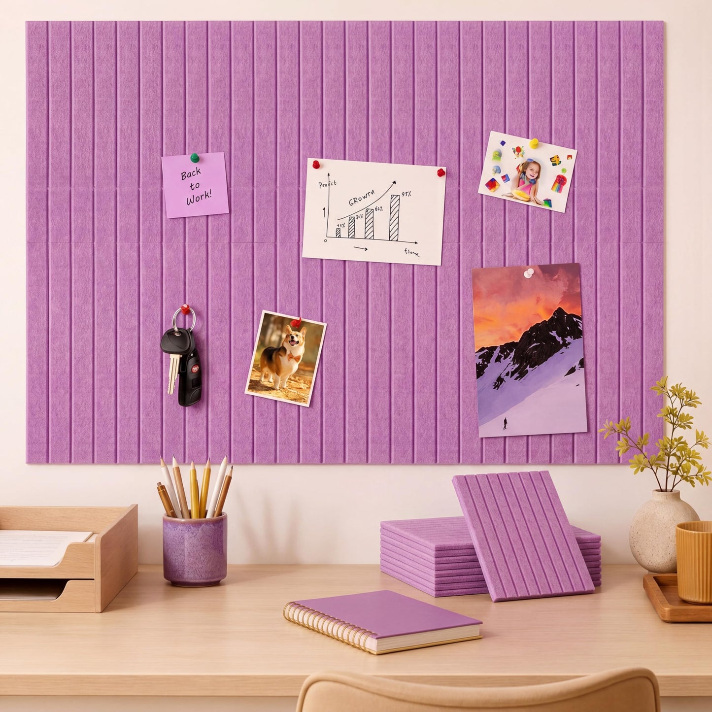 Honoson 12 Pack 48"x 36" Large Cork Board Alternative Felt Bulletin Board Wall Tiles with Safe Square Adhesive Roll Cork Tiles for Walls Home Office Classroom Back to School Pin Panels(Purple)