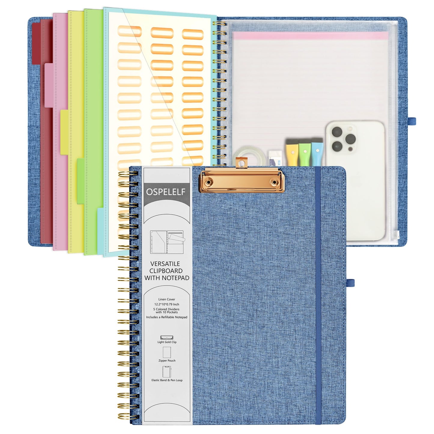 Ospelelf Foldable Spiral Clipboard Folio with Storage Zipper Pouch, 5 Plastic Folders with 10 Pockets, Refillable Lined Notepad (11" x 8.5"), Linen Hardcover Project Organizer(Haze Bule)