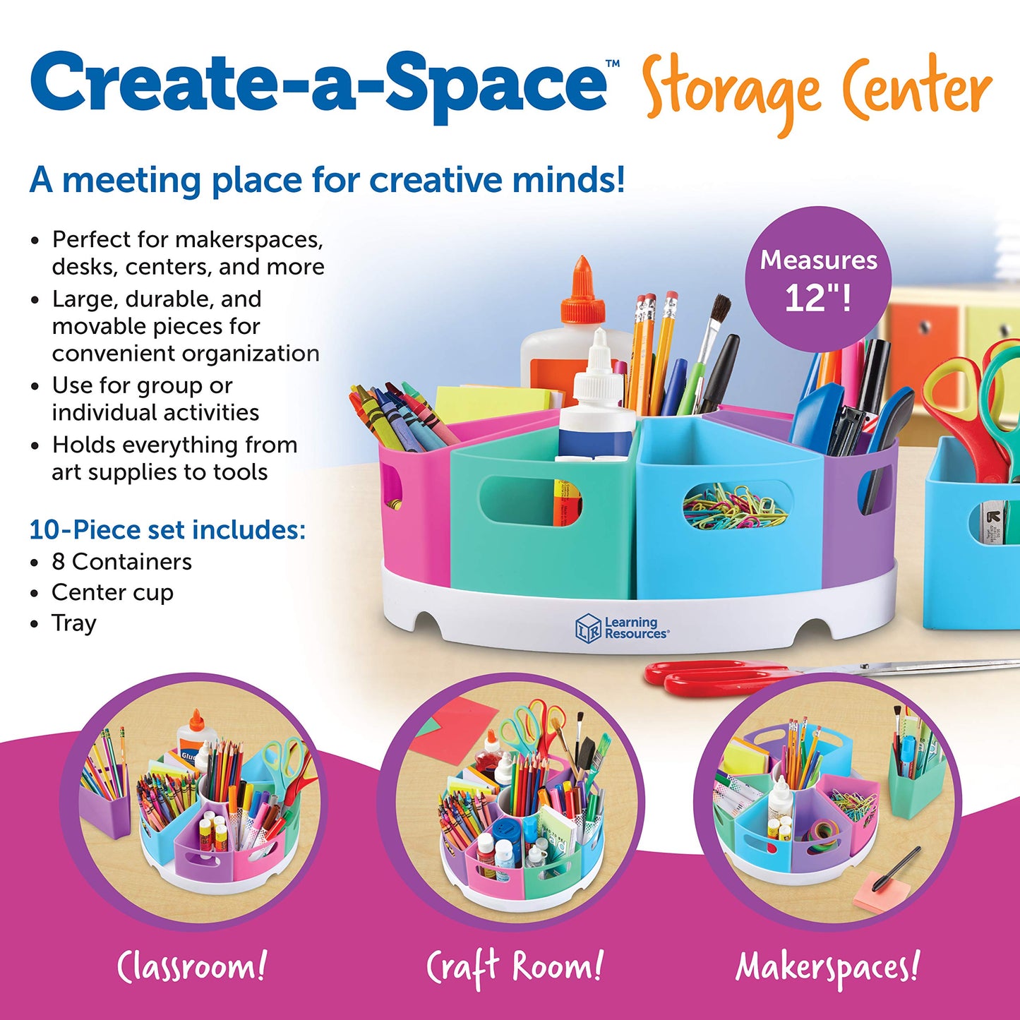 Learning Resources Create-a-Space Storage Center Pastel - Rotating Caddy Organizer for Kids, Art Supply Organizers for Markers, Pens and Pencils, Classroom Table Caddy for Teachers