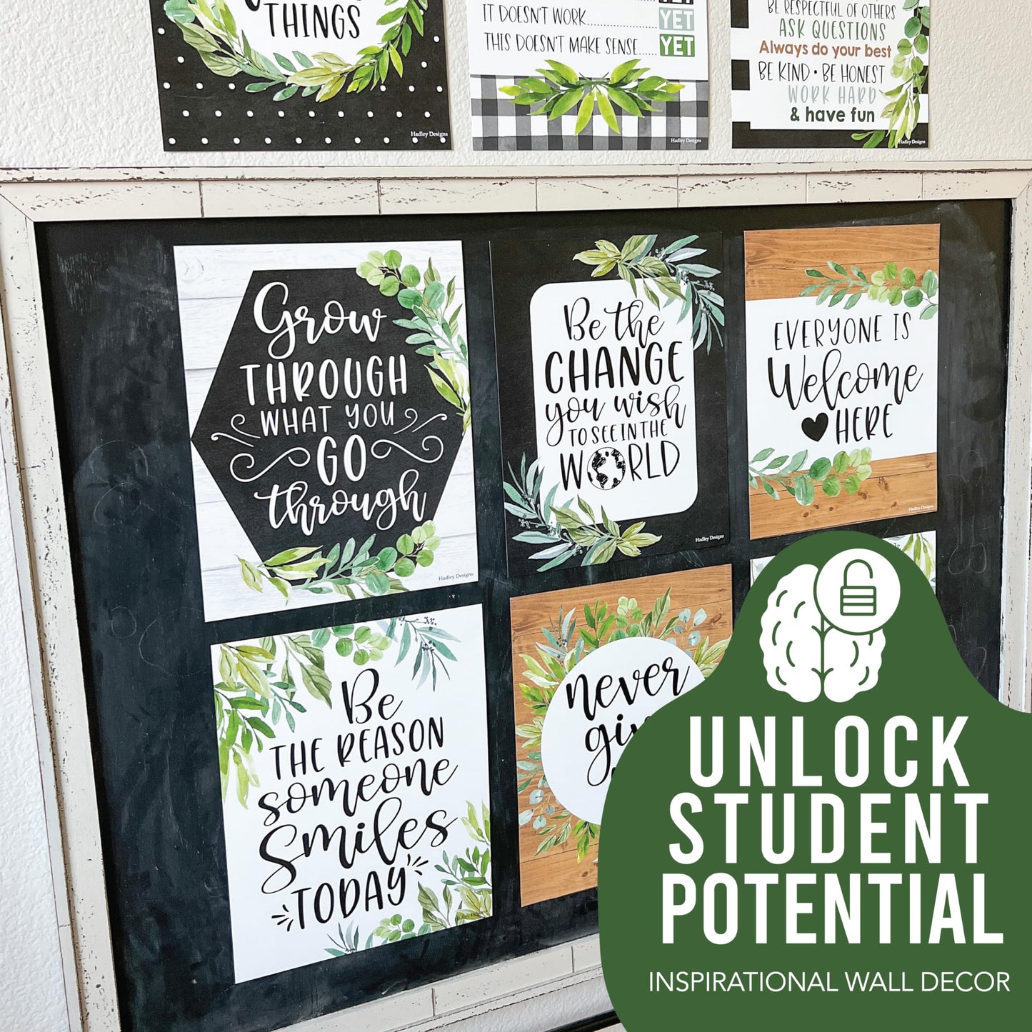 Hadley Designs Motivational Poster for Classroom Decor - 9 Growth Mindset Classroom Posters Elementary, Inspirational Wall Decor Middle School, Teacher Must Haves, Farmhouse Bulletin Board Decorations