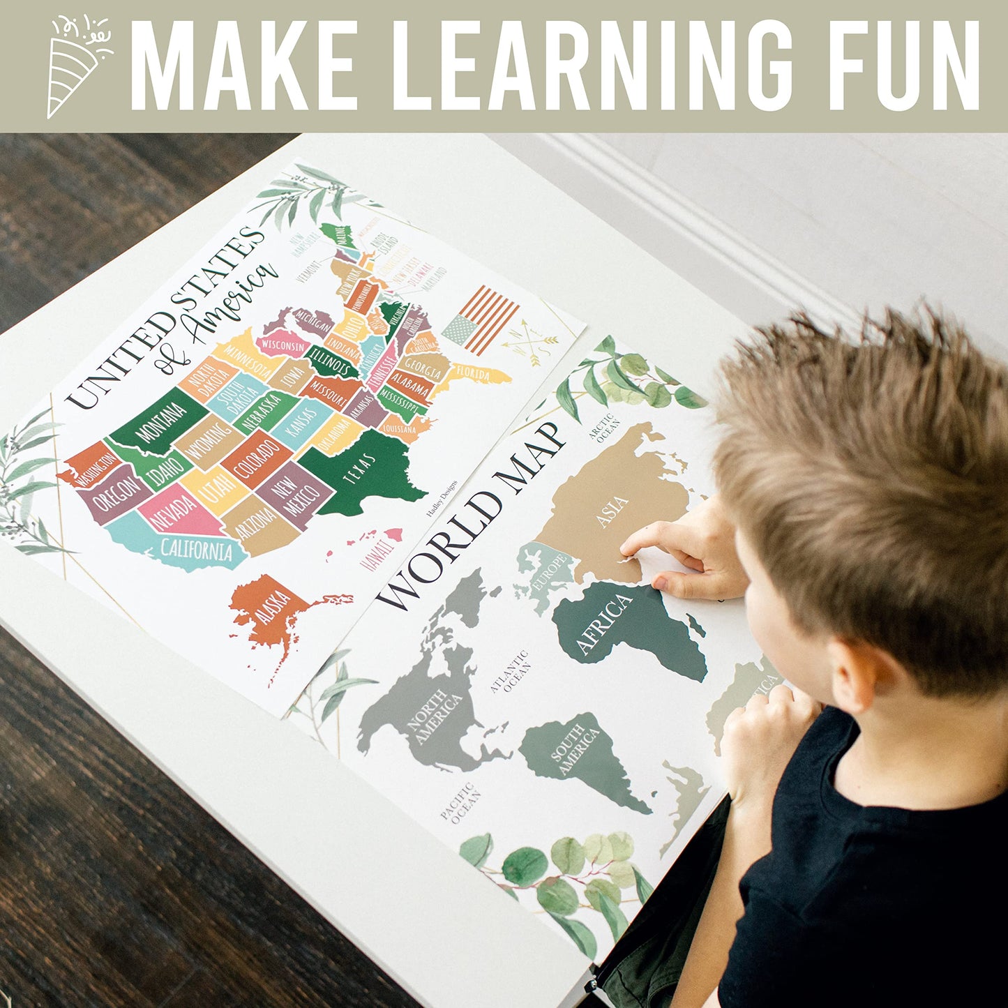 4 Alphabet, Map of United States, World Map, & Solar System Posters - Laminated ABC Charts for Toddlers Wall Decor, Greenery Posters for Kindergarten, Prek Classroom or Homeschool 11x17
