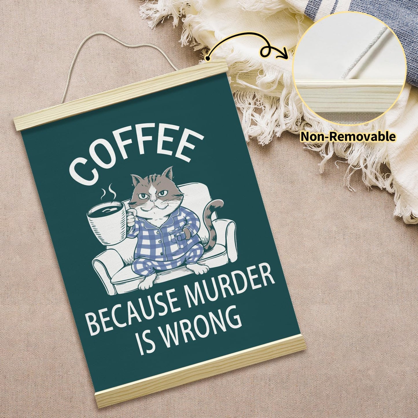 Funny Coffee Cat Poster Hanger Frame, Because Murder Is Wrong Posters Canvas Wall Art for Cafe Office Kitchen Living Room Decor, 12x16 Inches -038