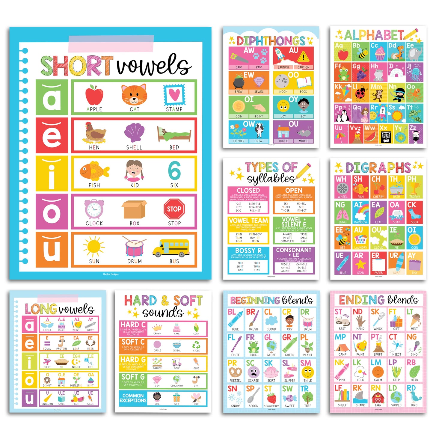 Hadley Designs Phonics Posters for Classroom Must Haves - 9 Sound Wall for Kindergarten & Elementary Teacher Supplies, Syllable, Vowels, Digraphs & Blends Bulletin Board Set, Rainbow Classrom Decor