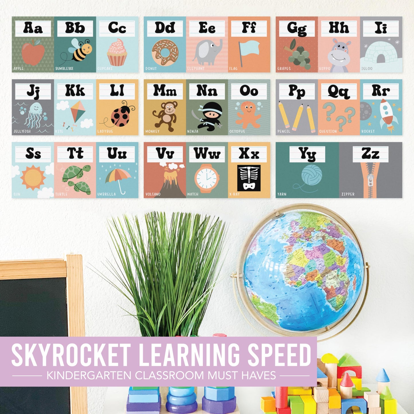 Hadley Designs Alphabet for Classroom Wall Decor - ABC Posters for Classroom Wall Chart Preschool & Kindergarten, ABC Letters & Number Line Elementary, Alphabet Cards, Retro Classroom Decor