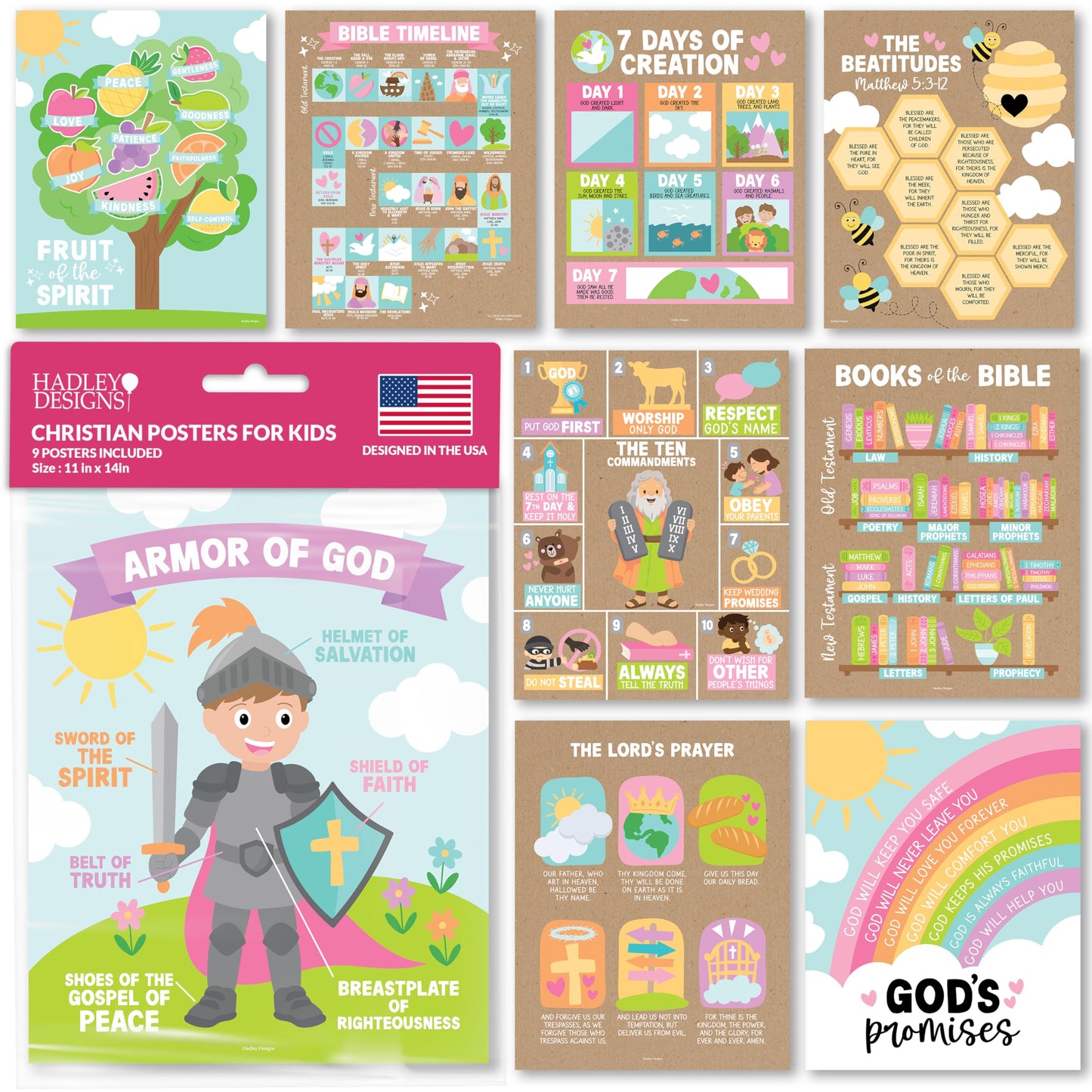 Hadley Designs Sunday School Decorations for Classroom –9 Bible Posters for Kids, Books of the Bible, 10 Commandments, Bible Timeline Chart, Fruits of the Spirit, Kraft Christian Classroom Decor