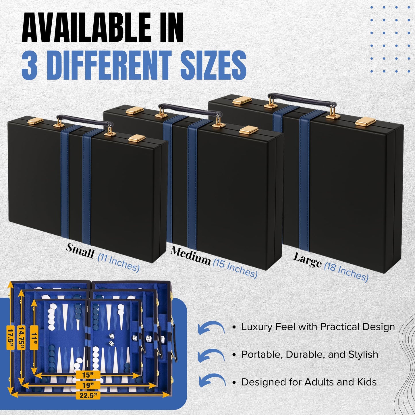 Premium Backgammon 18 Inches Large Blue - Backgammon Sets for Adults and Kids - Leatherette Back Gammon Board Game Set - Travel Backgammon Set Board Encased with Accessories