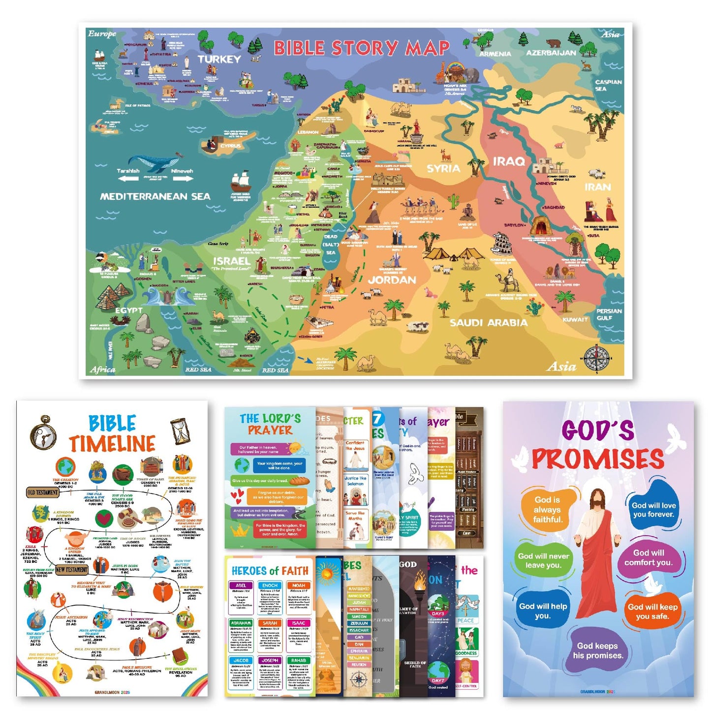 EDUMAETRIX Bible Educational Wall Posters Set, 16 Religious Posters 11x17 inches with 1 Large Story Map 22x34 inches, Christian Religious Poster for Sunday School Church Decoration Flat Packaging