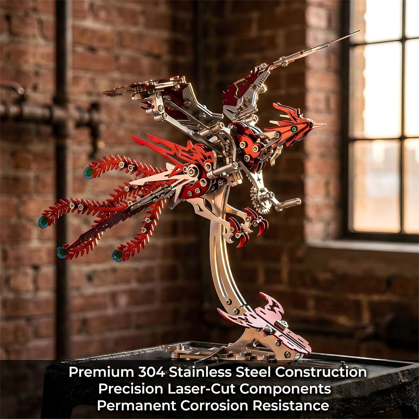 Gold-Plated Metal Phoenix Model Kit - 3D Stainless Steel Mythical Bird Puzzle for Adults - Mechanical Firebird Figurine - Steampunk Kinetic Art Sculpture - Home Decor Gift(Phoenix-Red)
