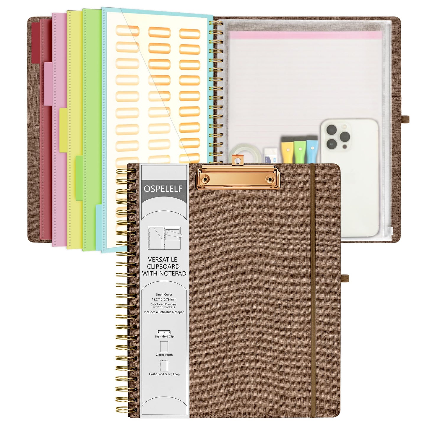 Ospelelf Brown Foldable Spiral Clipboard Folio with Storage Zipper Pouch, 5 Plastic Folders with 10 Pockets, Refillable Lined Notepad (11" x 8.5"), Linen Hardcover Project Organizer