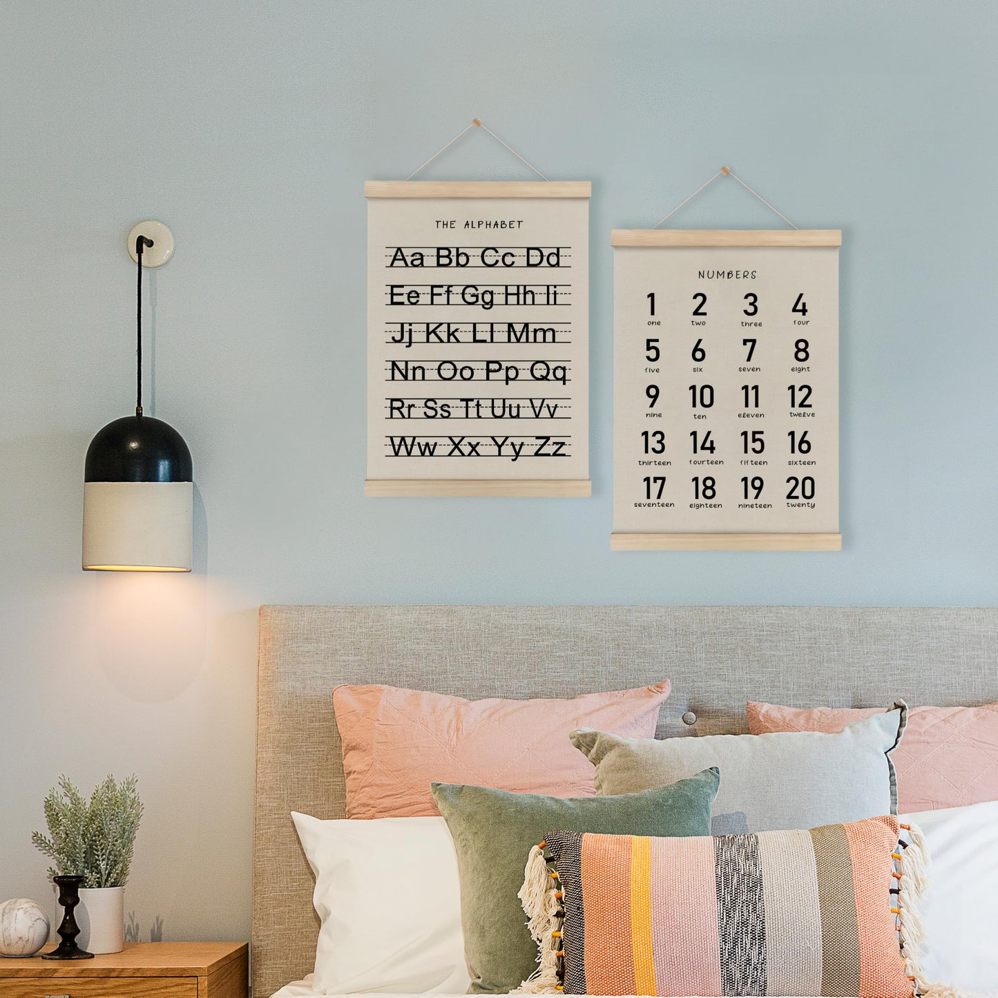 HRQKO Alphabet Numbers Poster Hanger Frame Set of 2, Nursery Wall Decor, Black ABC Poster Wall Art with Wooden Frames, Alphabet Banner Wall Hanging Decor for Boy Toddler Room Playroom, 12x16 Inch