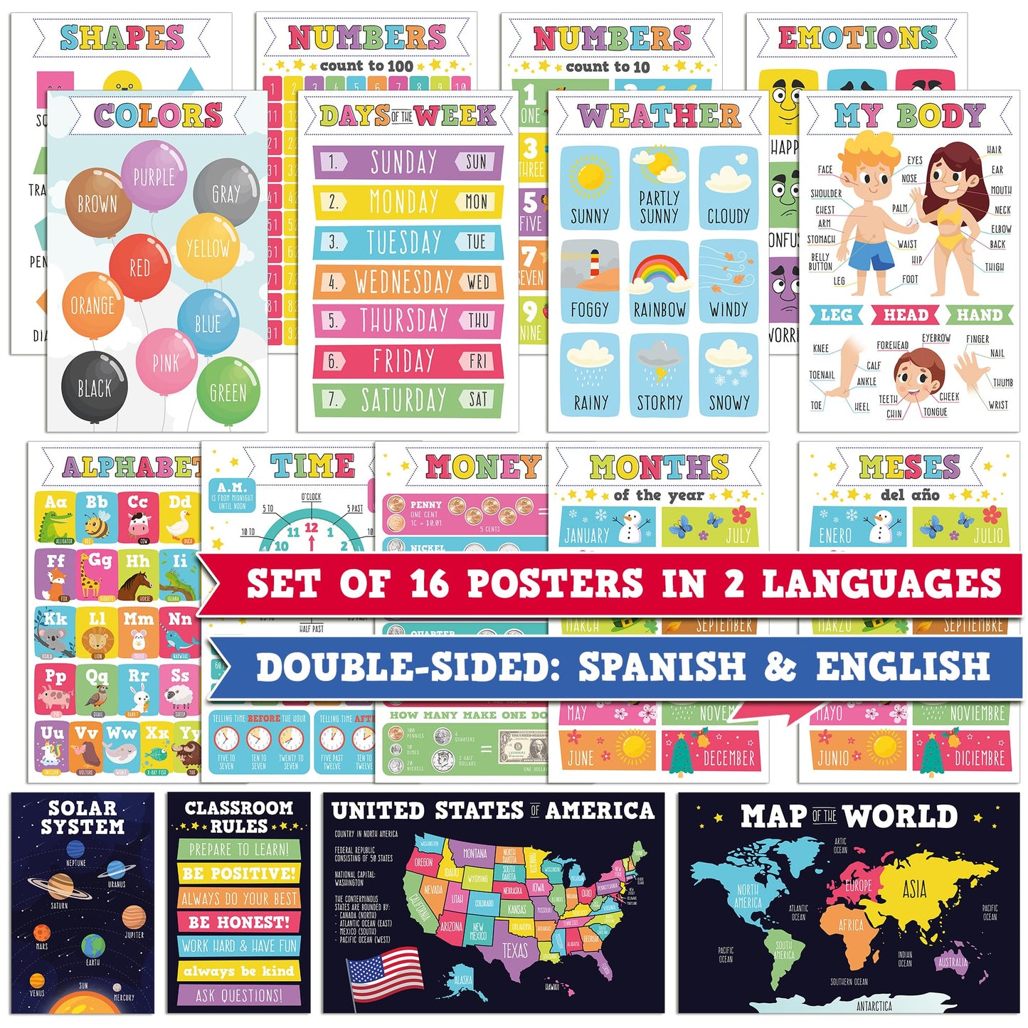 16 Laminated Educational Writing Posters for Kids (English & Spanish) - Double-Sided Learning Charts, 32 Total Designs, Classroom & Homeschool Supplies