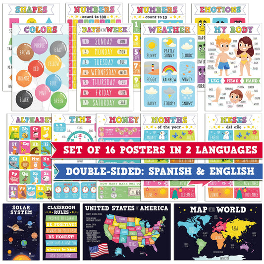 16 Laminated Educational Writing Posters for Kids (English & Spanish) - Double-Sided Learning Charts, 32 Total Designs, Classroom & Homeschool Supplies