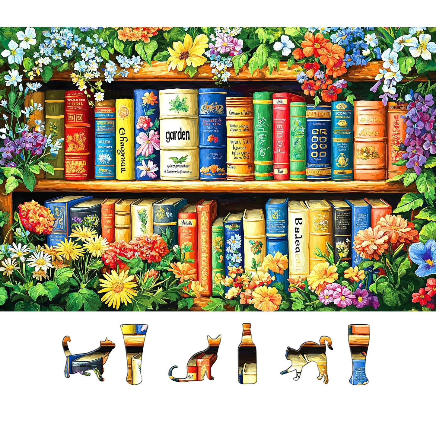 MINIWAN 500 Piece Jigsaw Puzzles for Adults & Seniors - Garden Library Floral Bookshelf Puzzle, 23"x15" Adult Puzzle with Letters on Back, Unique Shaped Pieces, Home Decor & Gift