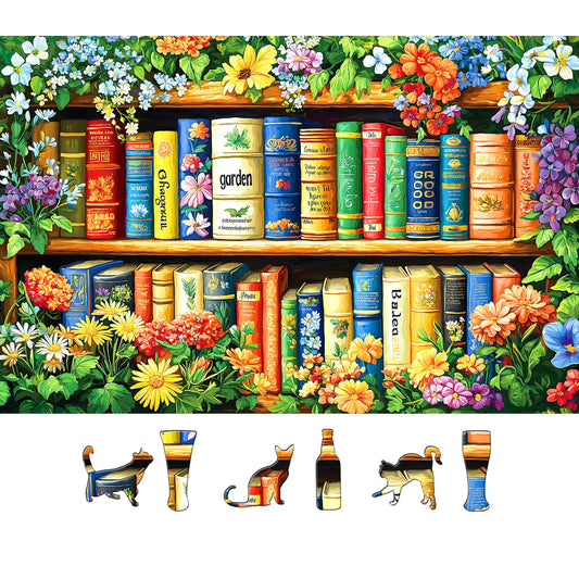 MINIWAN 500 Piece Jigsaw Puzzles for Adults & Seniors - Garden Library Floral Bookshelf Puzzle, 23"x15" Adult Puzzle with Letters on Back, Unique Shaped Pieces, Home Decor & Gift