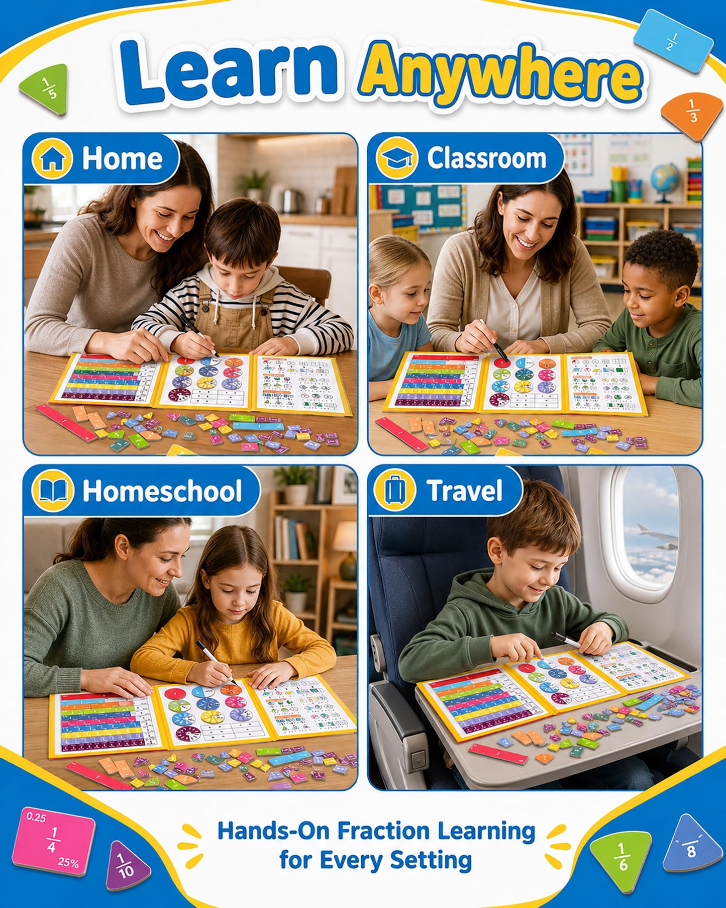 Magnetic Fraction Educational Puzzle, Magnetic Fraction Demonstration Book with Fraction Tiles & Circles, Montessori Fraction Manipulatives for Elementary School, Hands-On Math Learning Toys for Kids