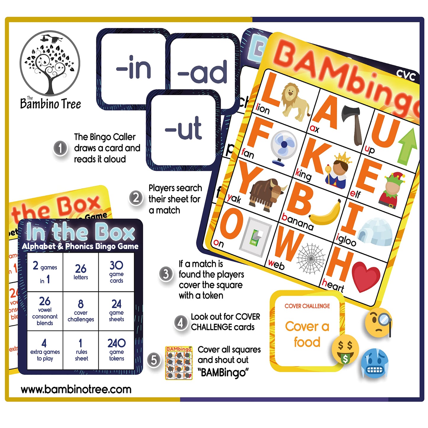 THE BAMBINO TREE Alphabet and Phonics Bingo - ABC Learning Letter Recognition and CVC Words with Pictures - Phonics Games for Kids Ages 3-7 yrs Preschool Kindergarten