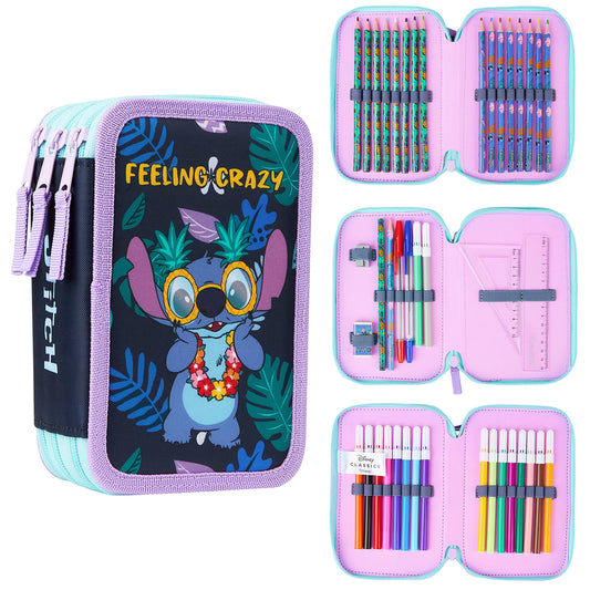Disney Stitch Filled Pencil Case with Colored Pencils, Markers, Gifts for Girls Kids, Stationery School Art Supplies Pouch Holder Organizer (Multi Stitch Triple Zip)