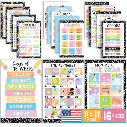 Hadley Designs 16 Educational Posters for Classroom Must Haves - Laminated Pre-K Posters for Toddler Homeschool Essentials, Toddler & Preschool Learning Activities, Kindergarten Classroom Decor
