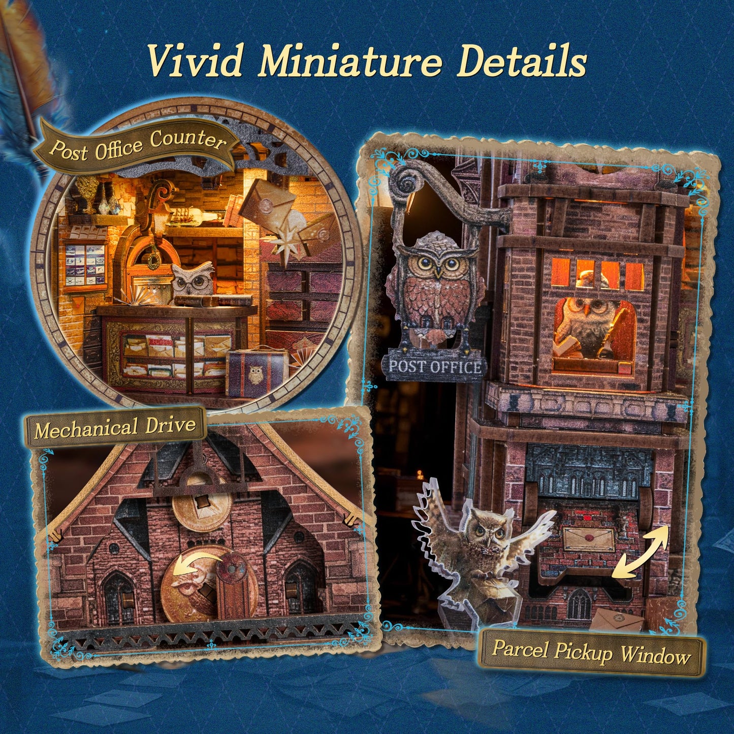 FUNPOLA LED 3D Wood Puzzle Owl Post Office, Dynamic Model with Mechanical Gears, DIY Miniature Kit with Music and LED Lights, Home Décor Gift for Adults and Teens