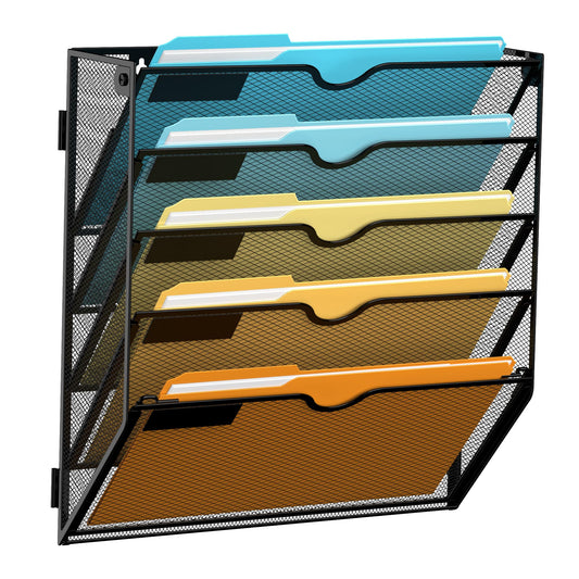 SUPEASY 5 Tier Wall File Organizer, Hanging Wall Mounted Mail Organizer with Label Slots, Metal Mesh File Holder Magazine Rack for Office, Home, School or Classroom, Black