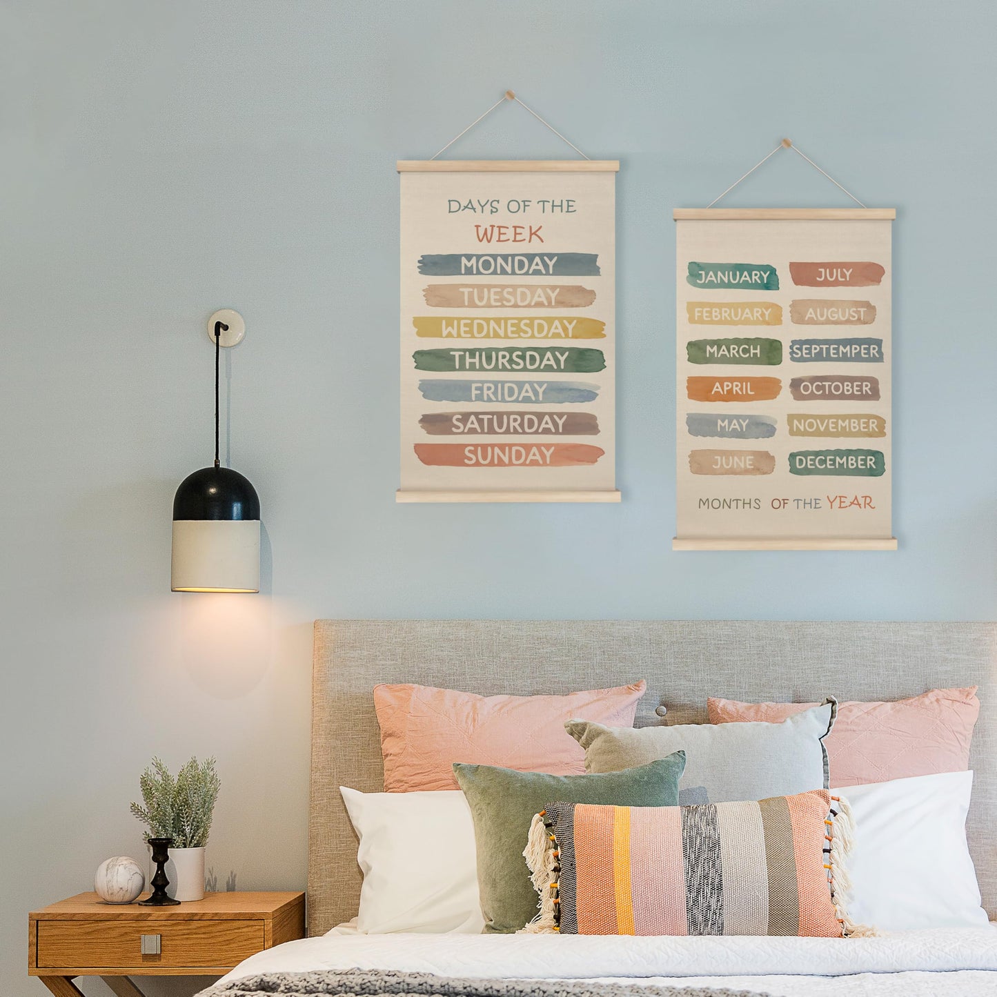 HRQKO Boho Week Month Decor Poster Hanger Frame Set of 2, Educational Posters, Preschool Wall Art with Wooden Frames, Boho Classroom Wall Hanging Banner Decor for Toddlers Room Playroom, 16x24 inch