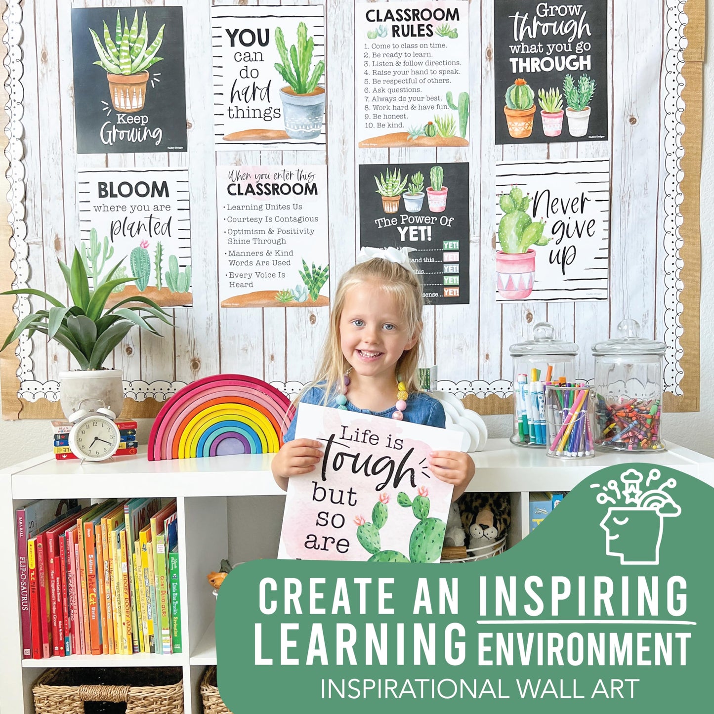 Hadley Designs Motivational Poster for Classroom Decor - 9 Growth Mindset Classroom Posters Elementary, Inspirational Wall Decor Middle School, Teacher Must Haves, Cactus Bulletin Board Decorations