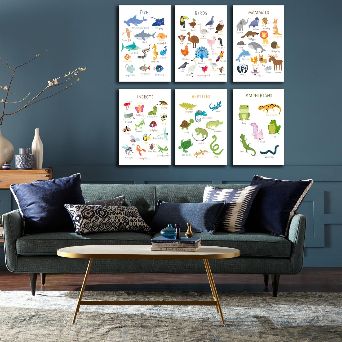6 Pieces Laminated Educational Preschool Posters for Toddlers,Educational Wall Charts,School classroom Posters,Class decorations for Kindergarten- FISH,BIRDS，MAMMALS，INSECTS,REPTILES，AMPHIBIANS.(No