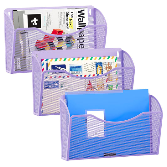 EasyPAG 3 Pack Wall File Organizer, Metal Mesh Hanging File Folder Holder for Letter/A4 Size Folders, Vertical Wall Mount Mail Sorter for Office Paperwork, Classroom, Purple