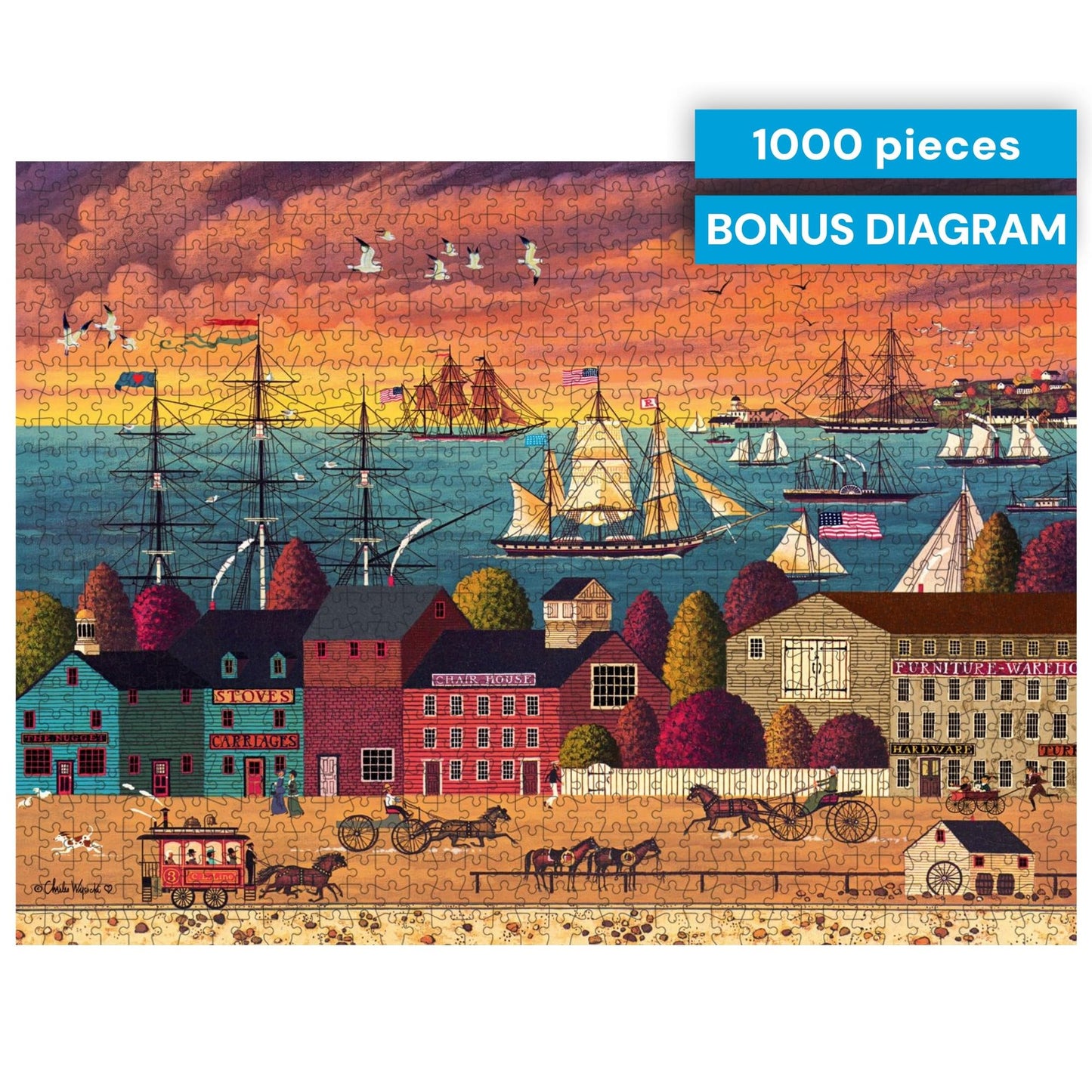 Buffalo Games Charles Wysocki - Hoopla at the Harbor - 1000 Piece Jigsaw Puzzle - Adult, 26.75 x 19.75 in - Includes Poster - Adult Jigsaw Puzzles